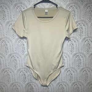 JUST‎ BE Bodysuit Tan Short Sleeve Scoop Neck Snap Crotch L